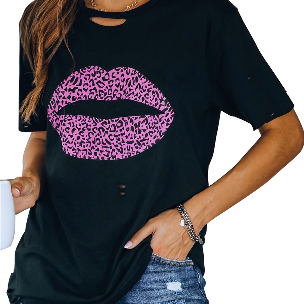 Kiss The Lip Distressed Black Cotton Tee
